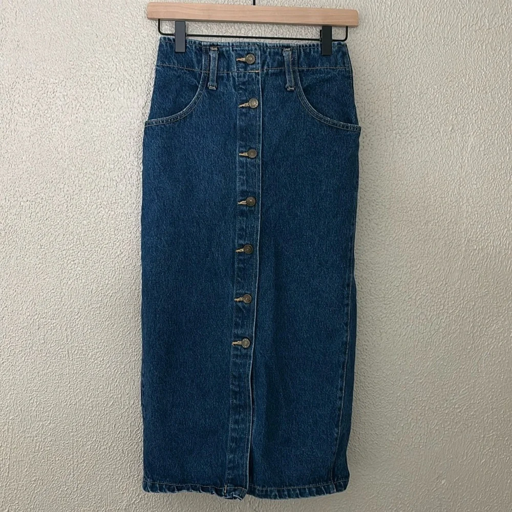 Women’s Watch LA Maxi Button‎ up Denim Skirt Small Vintage Y2K 90’s Cotton USA